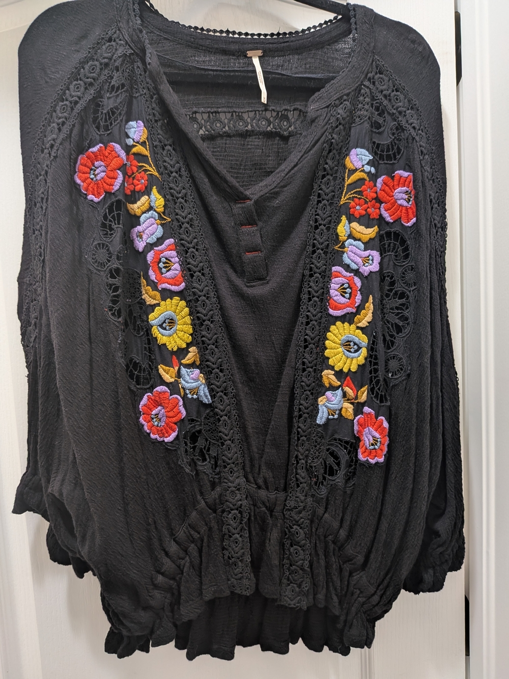 Free People Black Boho Embroidered Peasant Blouse
